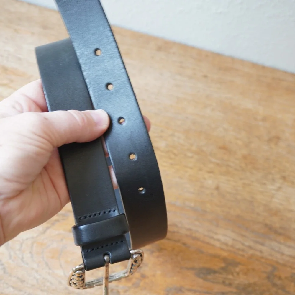 Genuine Italian Leather Western Scroll Buckle Belt Black Silver Size S USA Made